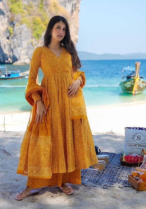 Yellow Digital Printed Maslin Anarkali Dress