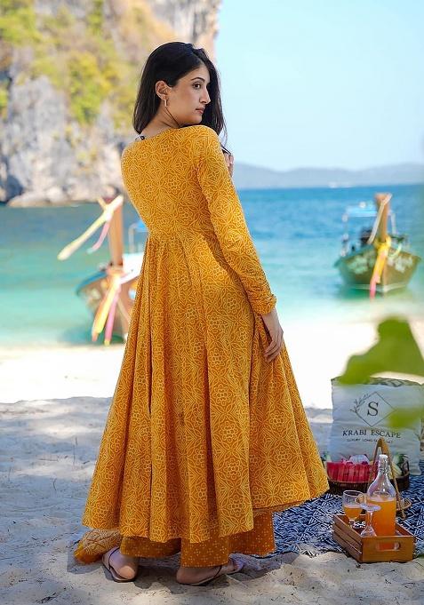 Yellow Digital Printed Maslin Anarkali Dress