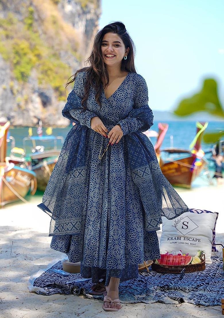 Blue Digital Printed Maslin Anarkali Dress