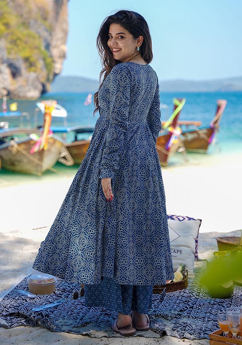 Blue Digital Printed Maslin Anarkali Dress