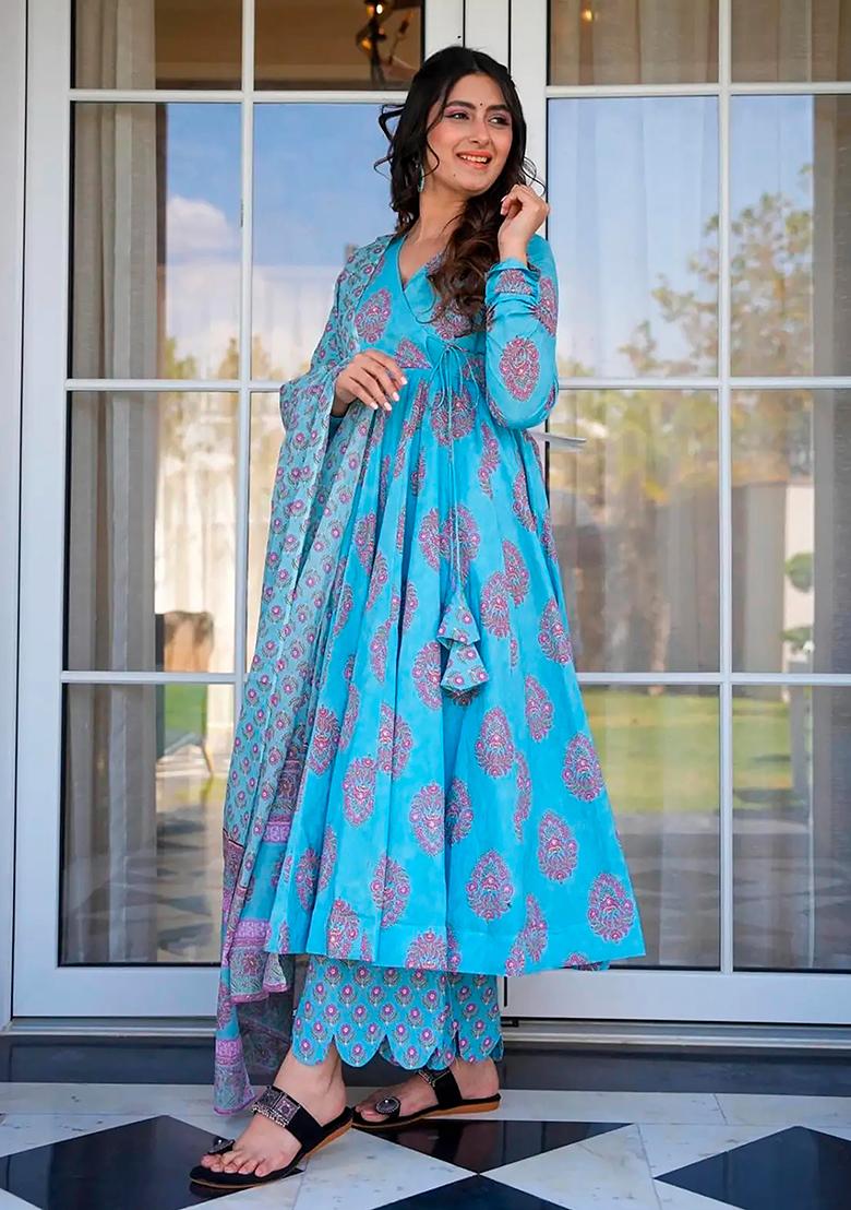Blue Digital Printed Maslin Anarkali Dress