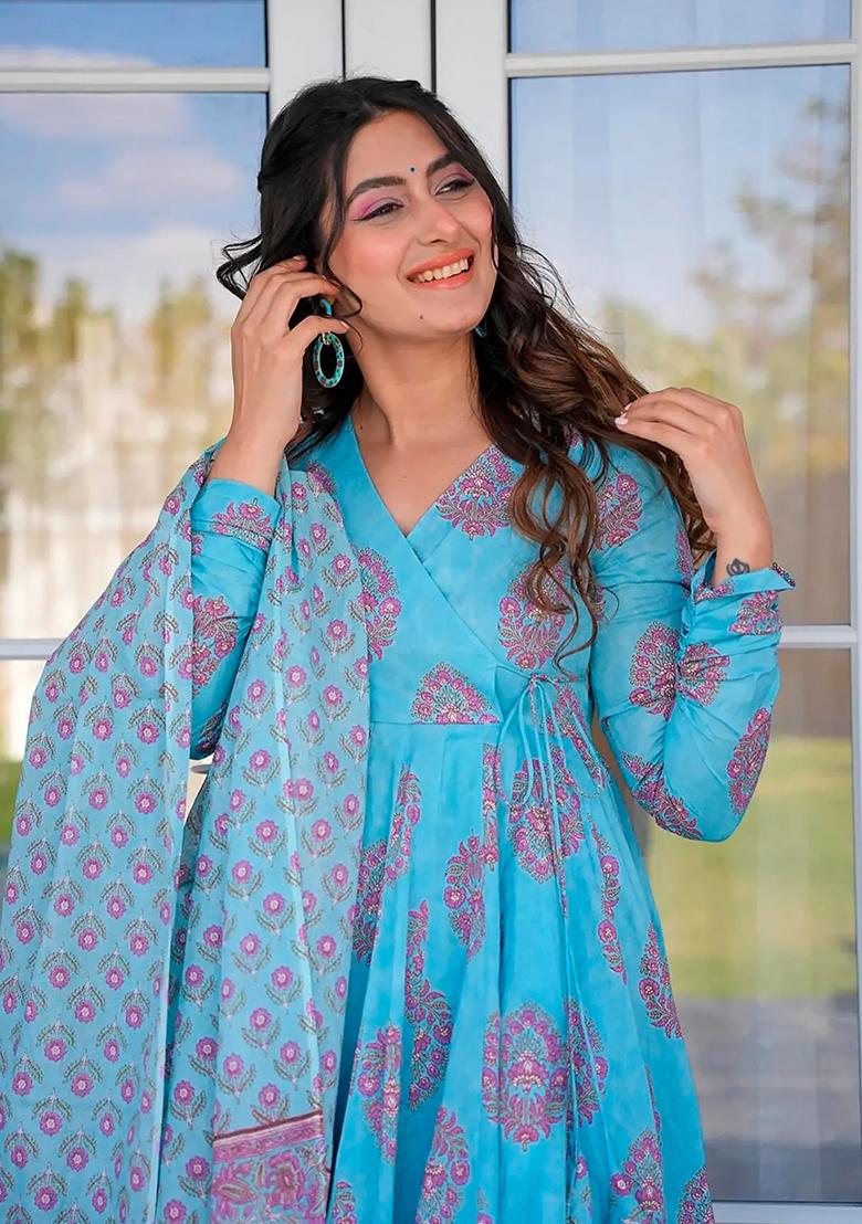 Blue Digital Printed Maslin Anarkali Dress