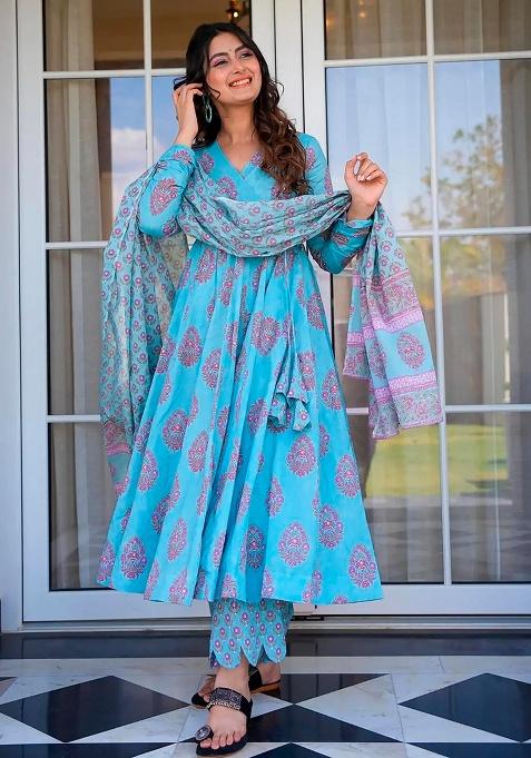 Blue Digital Printed Maslin Anarkali Dress