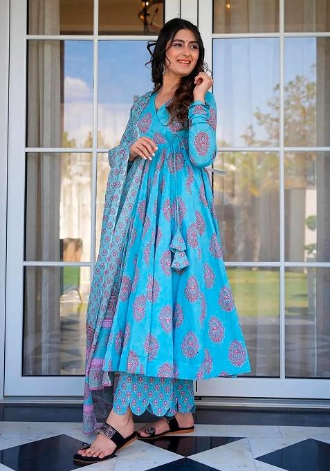 Blue Digital Printed Maslin Anarkali Dress