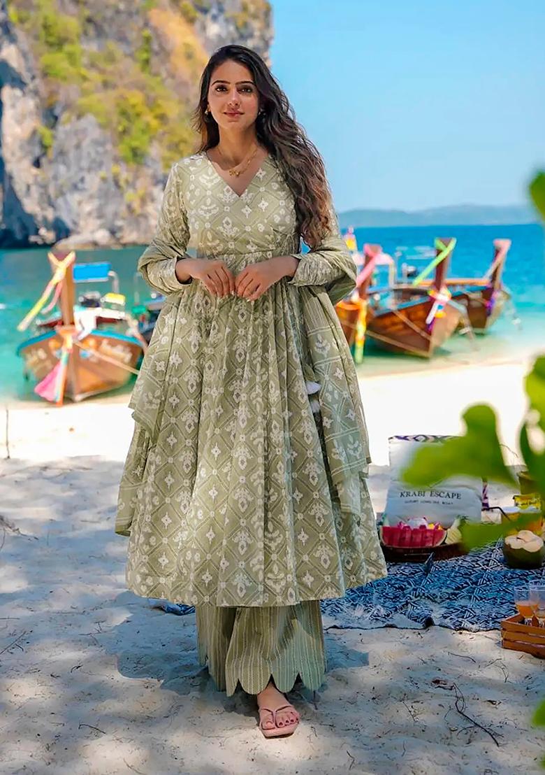 Baby Green Digital Printed Maslin Anarkali Dress