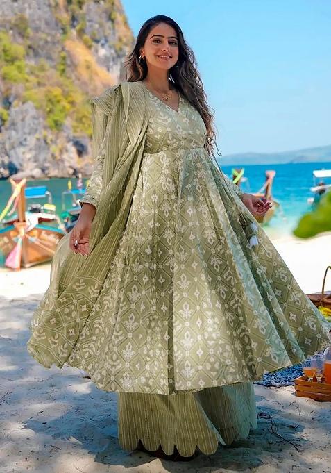 Baby Green Digital Printed Maslin Anarkali Dress