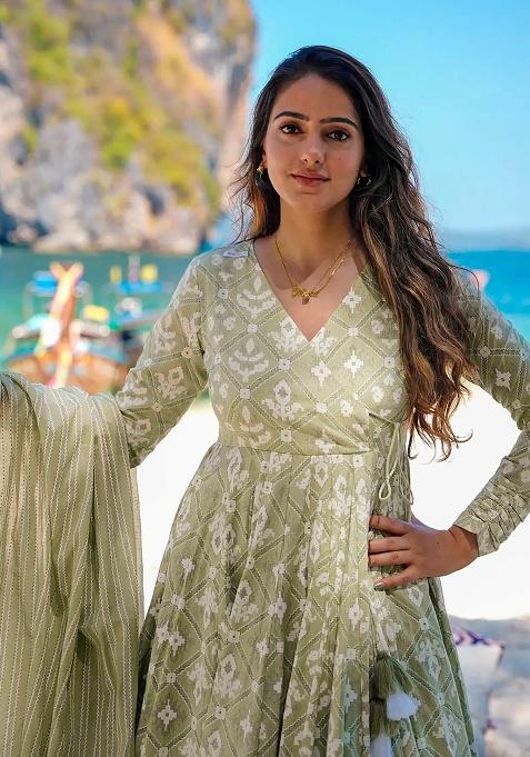 Baby Green Digital Printed Maslin Anarkali Dress