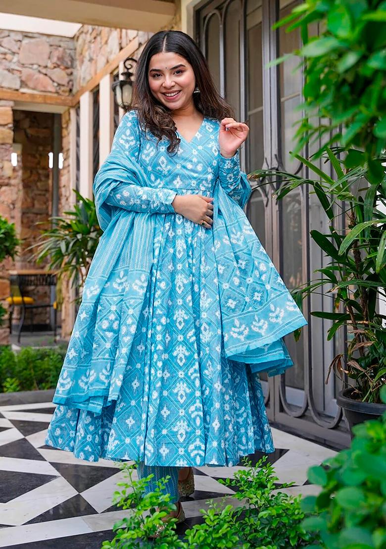 Blue Digital Printed Maslin Anarkali Dress