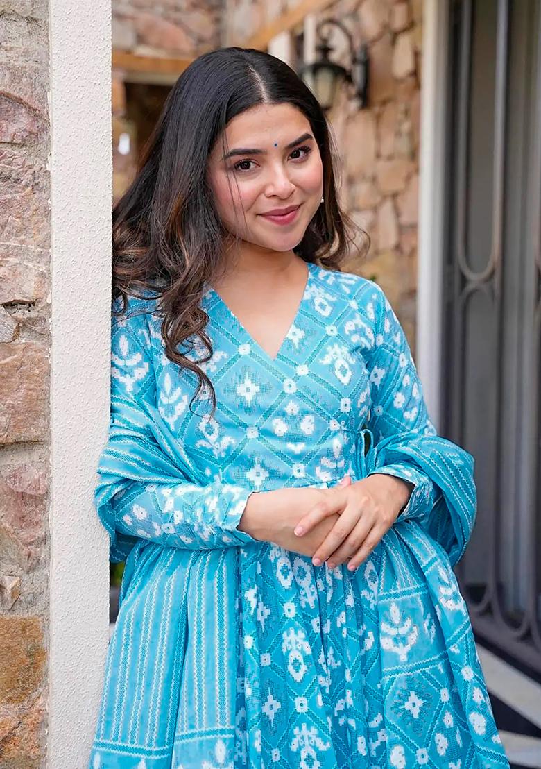 Blue Digital Printed Maslin Anarkali Dress
