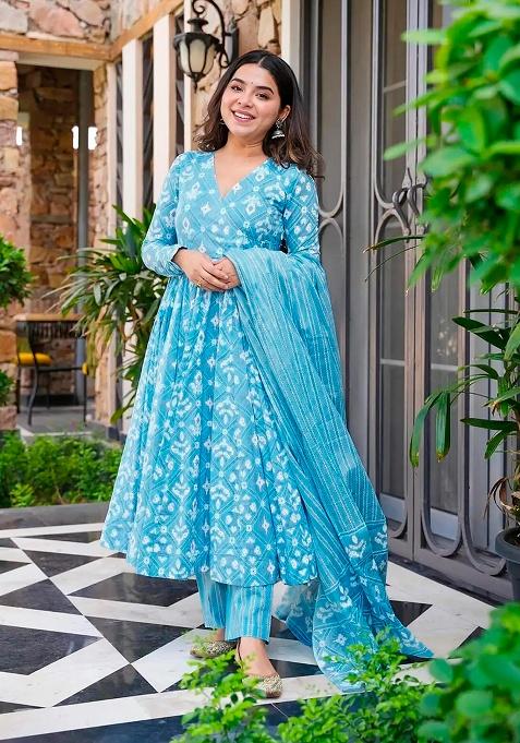 Blue Digital Printed Maslin Anarkali Dress