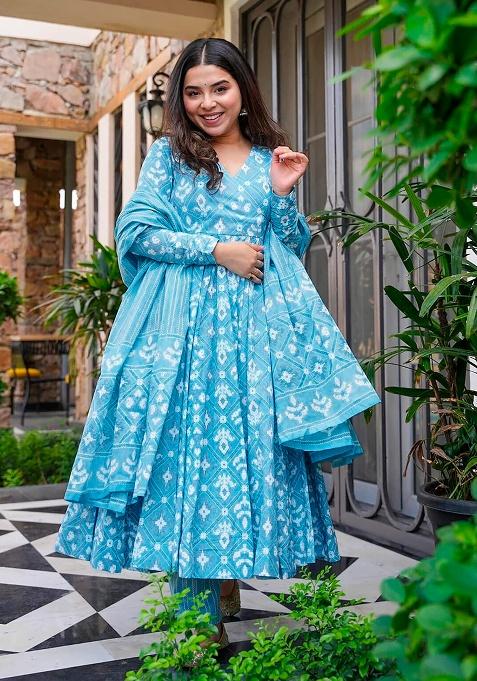 Blue Digital Printed Maslin Anarkali Dress