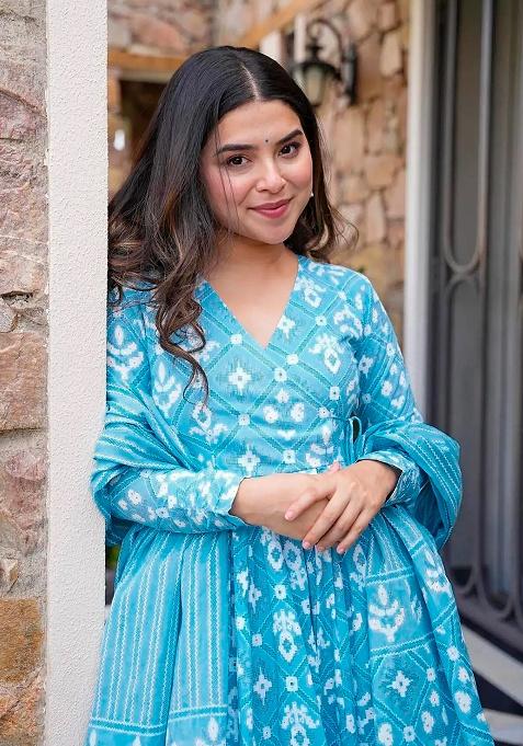 Blue Digital Printed Maslin Anarkali Dress