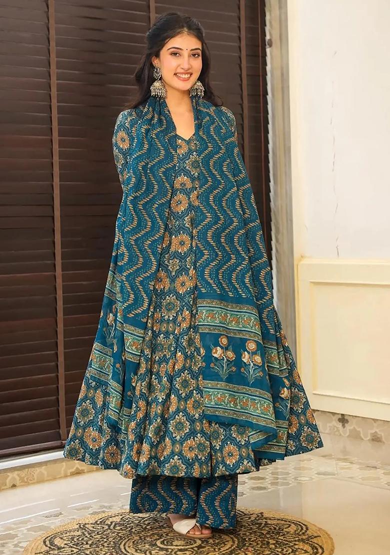 Teal Digital Printed Maslin Anarkali Dress