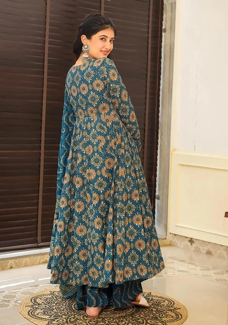 Teal Digital Printed Maslin Anarkali Dress