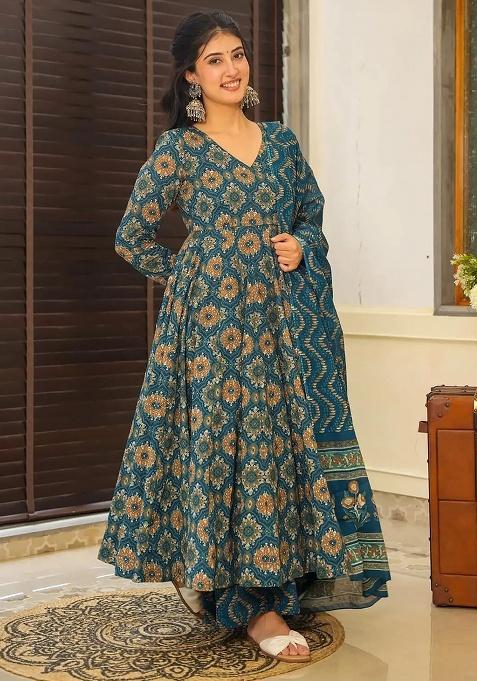Teal Digital Printed Maslin Anarkali Dress
