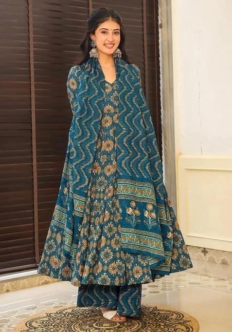 Teal Digital Printed Maslin Anarkali Dress