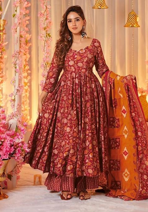 Peach Digital Printed Maslin Anarkali Dress