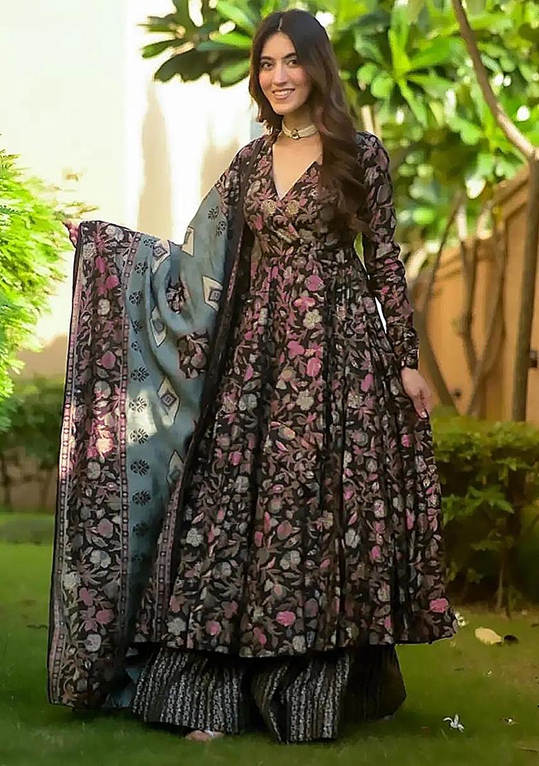 Black Digital Printed Maslin Anarkali Dress