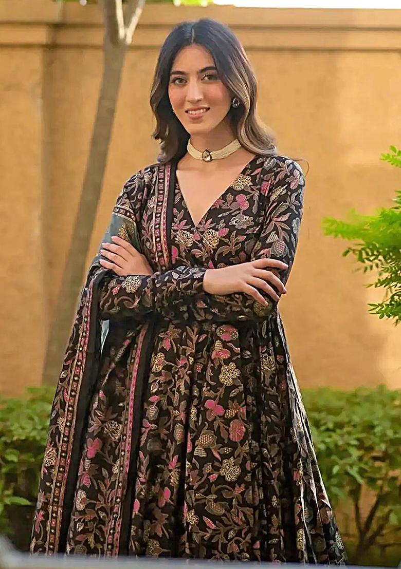 Black Digital Printed Maslin Anarkali Dress