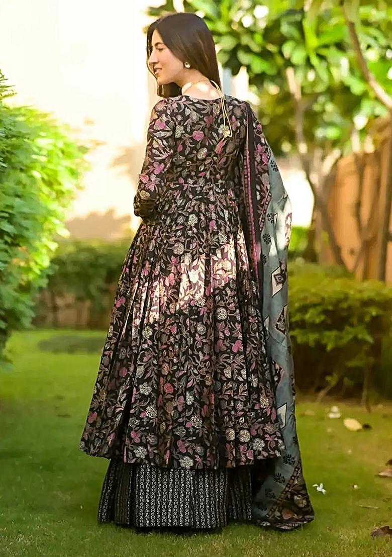 Black Digital Printed Maslin Anarkali Dress