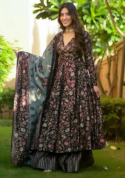 Black Digital Printed Maslin Anarkali Dress