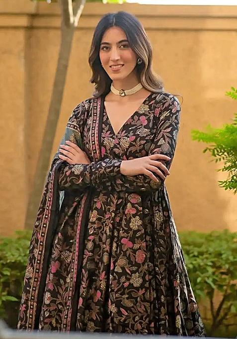 Black Digital Printed Maslin Anarkali Dress