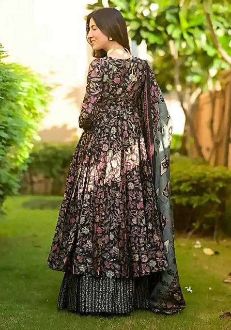Black Digital Printed Maslin Anarkali Dress