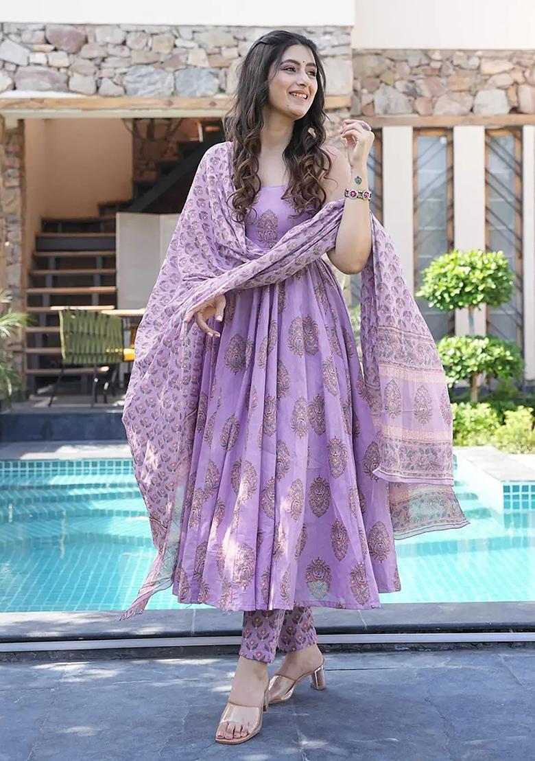 Purple Digital Printed Maslin Anarkali Dress