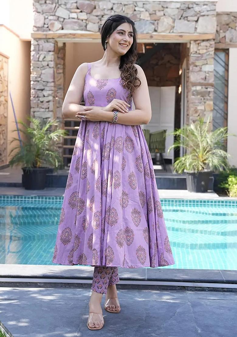 Purple Digital Printed Maslin Anarkali Dress