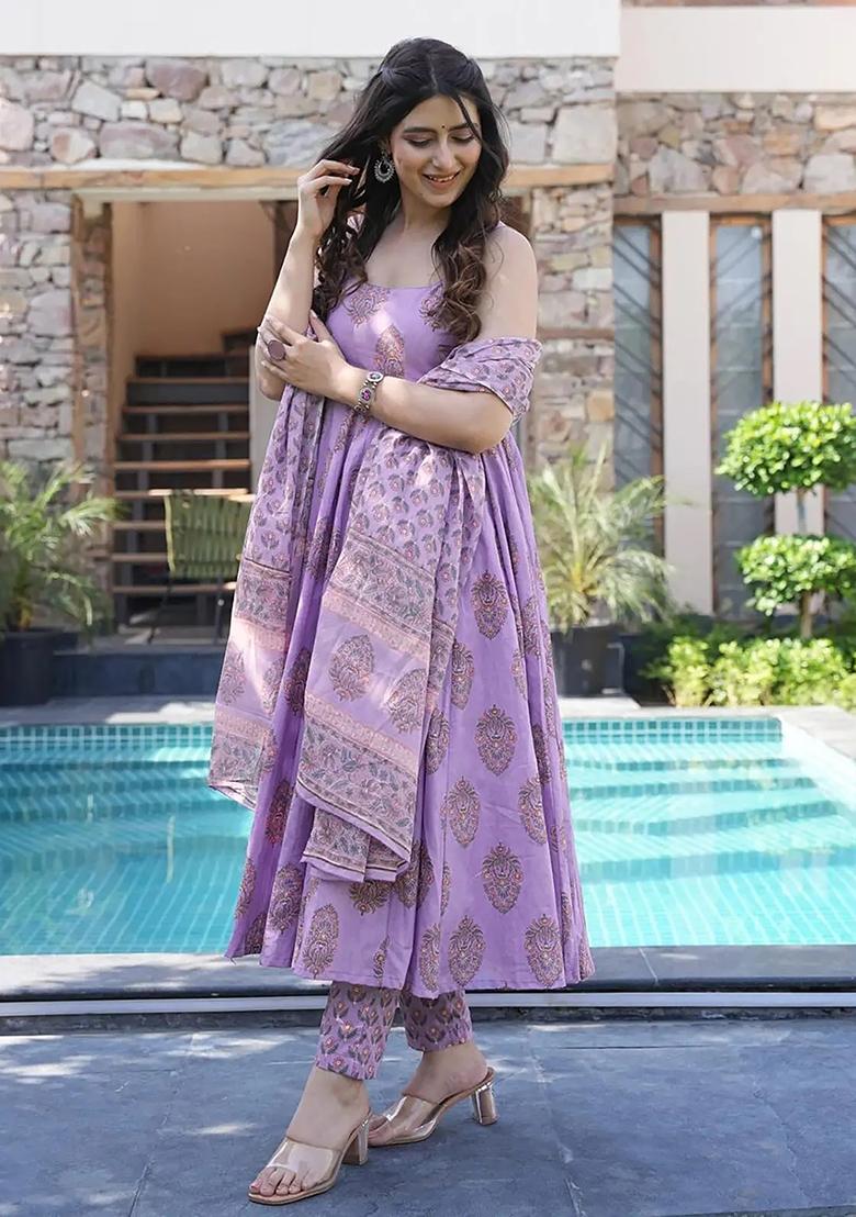 Purple Digital Printed Maslin Anarkali Dress