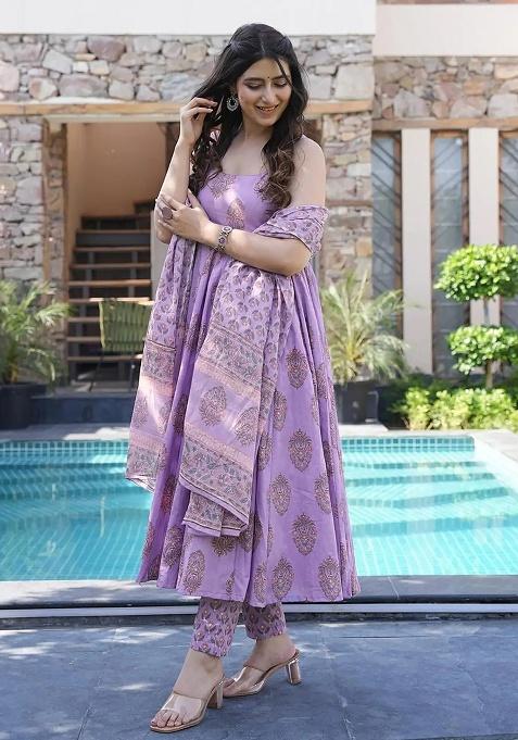 Purple Digital Printed Maslin Anarkali Dress