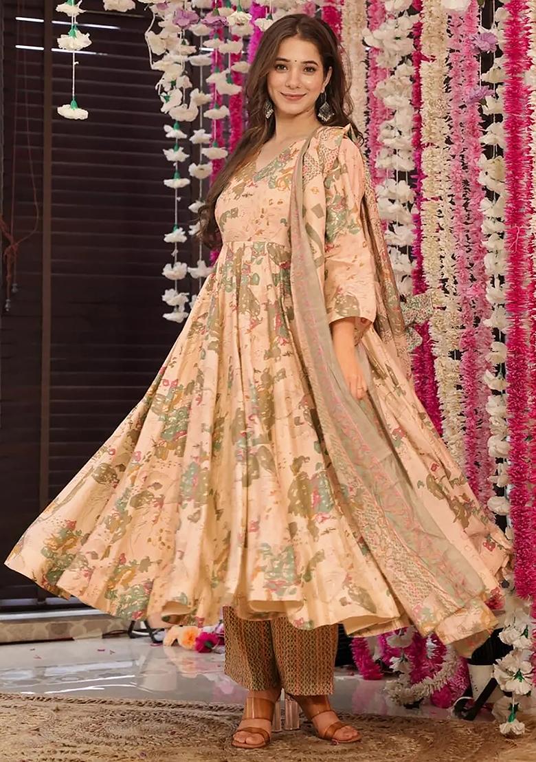 Peach Digital Printed Maslin Anarkali Dress