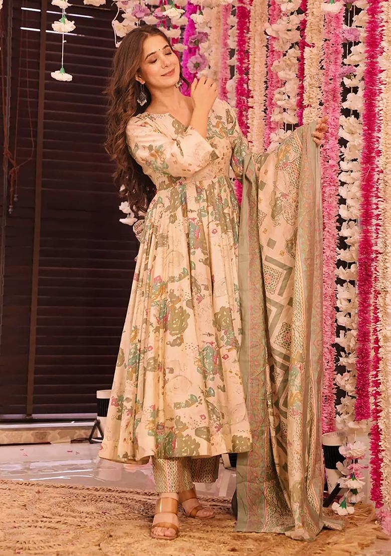 Peach Digital Printed Maslin Anarkali Dress