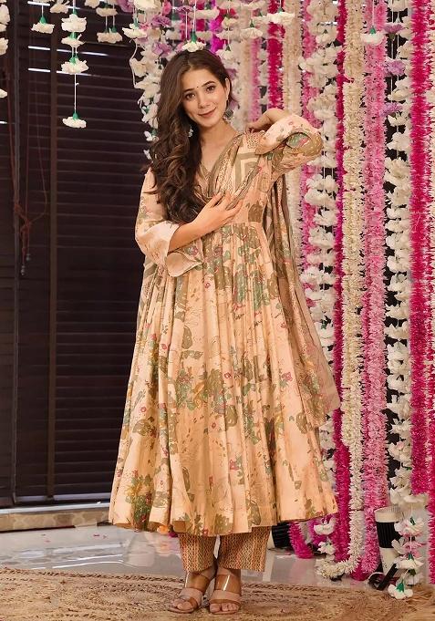 Peach Digital Printed Maslin Anarkali Dress
