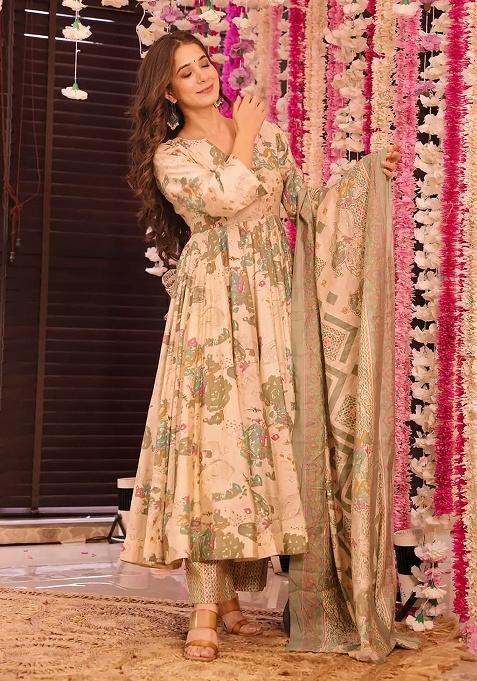 Peach Digital Printed Maslin Anarkali Dress