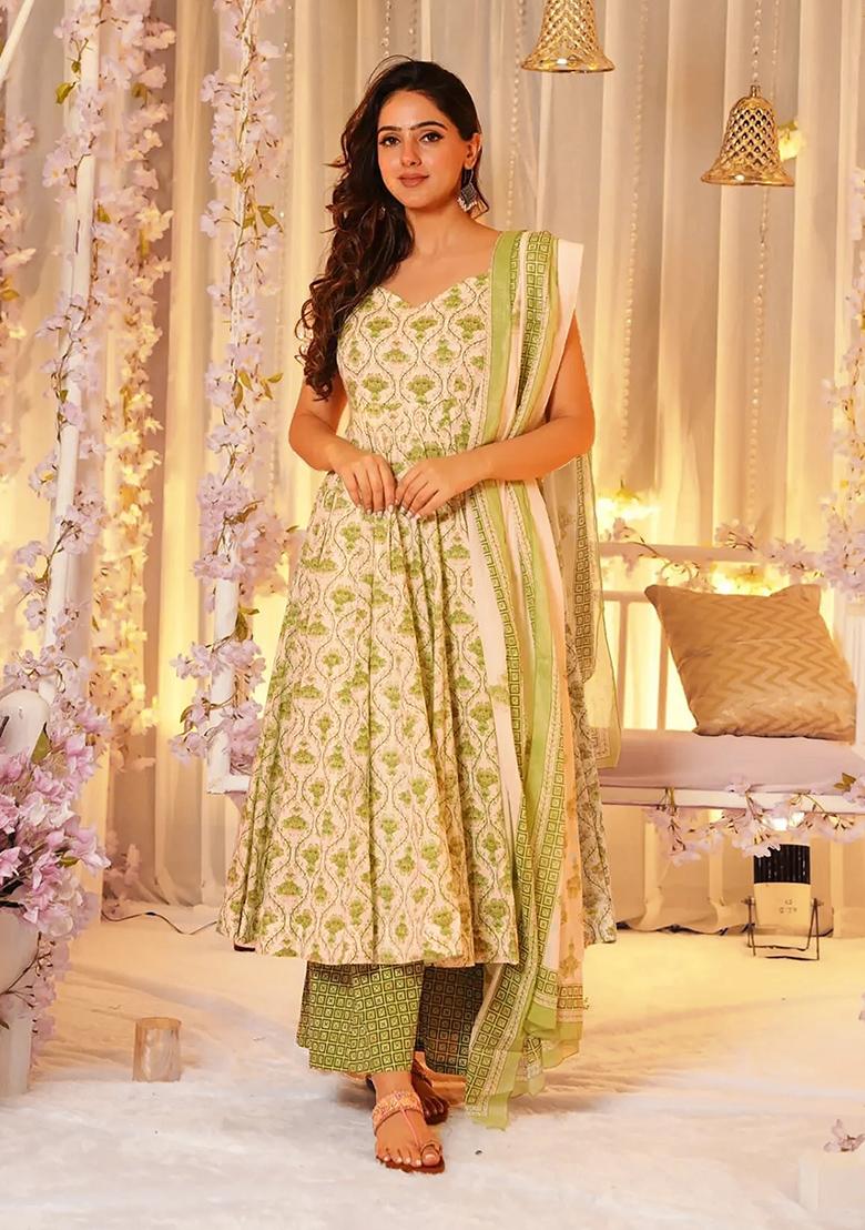 Green Digital Printed Maslin Anarkali Dress