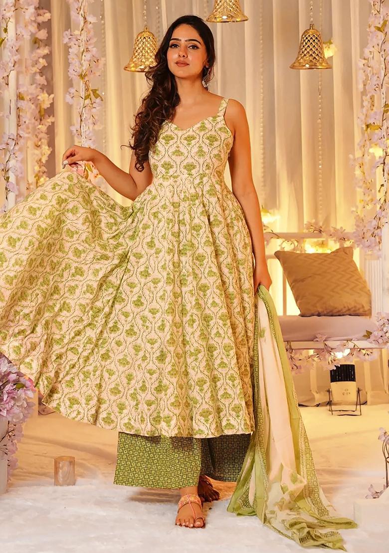Green Digital Printed Maslin Anarkali Dress
