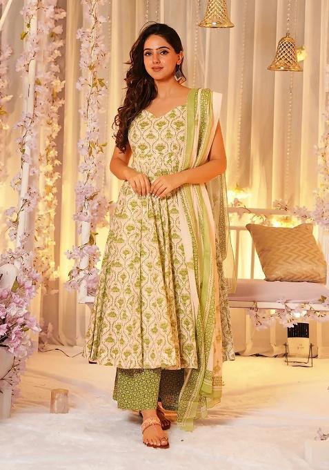 Green Digital Printed Maslin Anarkali Dress