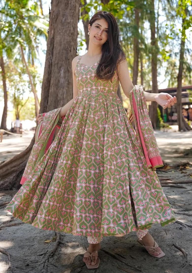 Green Digital Printed Maslin Anarkali Dress