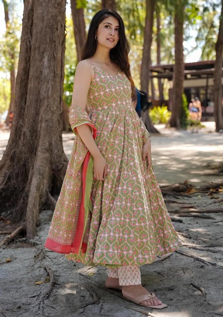 Green Digital Printed Maslin Anarkali Dress