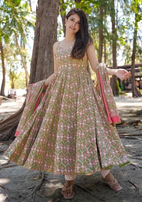 Green Digital Printed Maslin Anarkali Dress