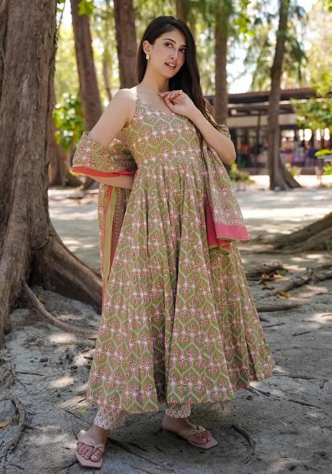 Green Digital Printed Maslin Anarkali Dress