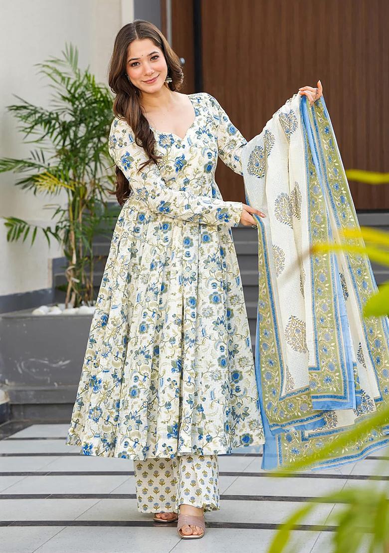 Off White Digital Printed Maslin Anarkali Dress