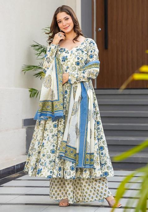 Off White Digital Printed Maslin Anarkali Dress