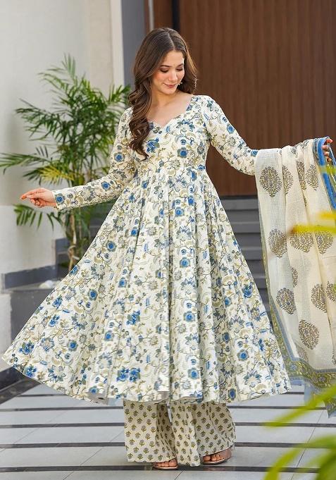 Off White Digital Printed Maslin Anarkali Dress