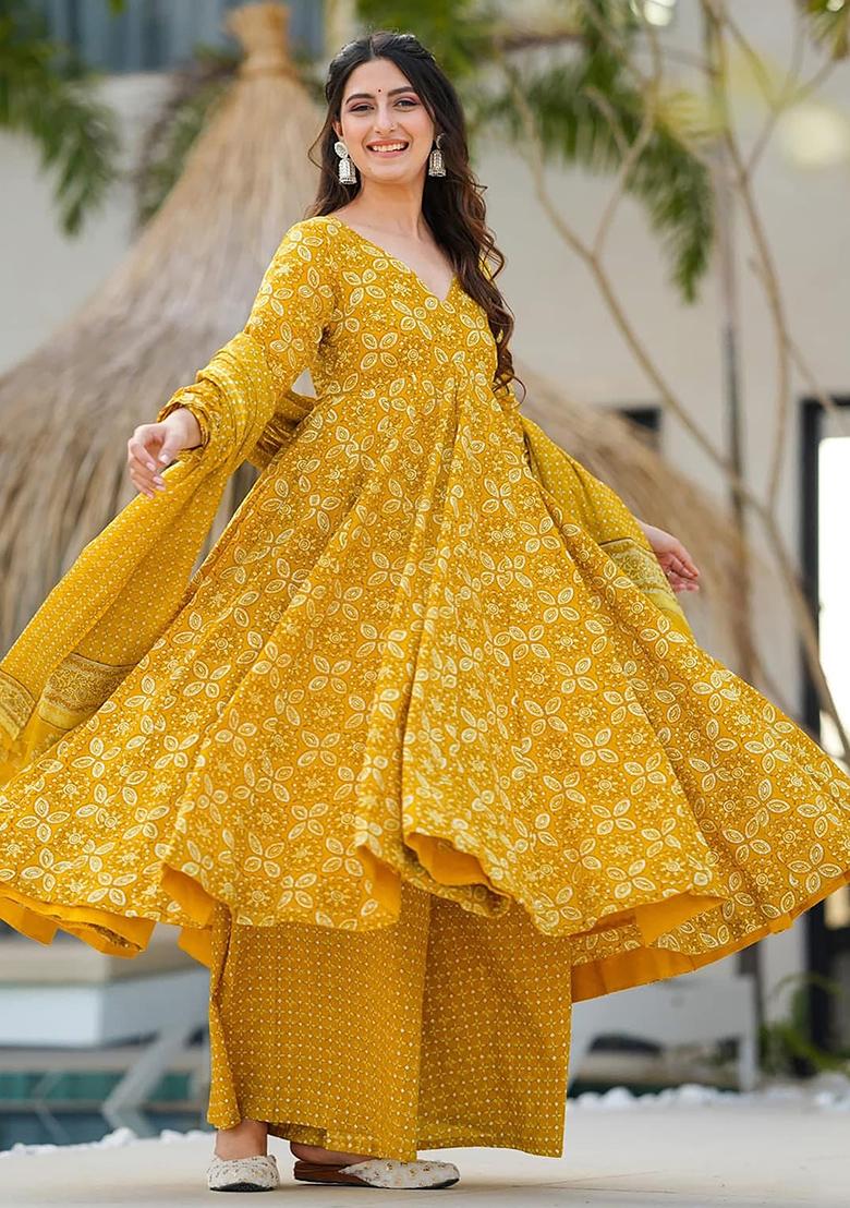 Yellow Digital Printed Maslin Anarkali Dress