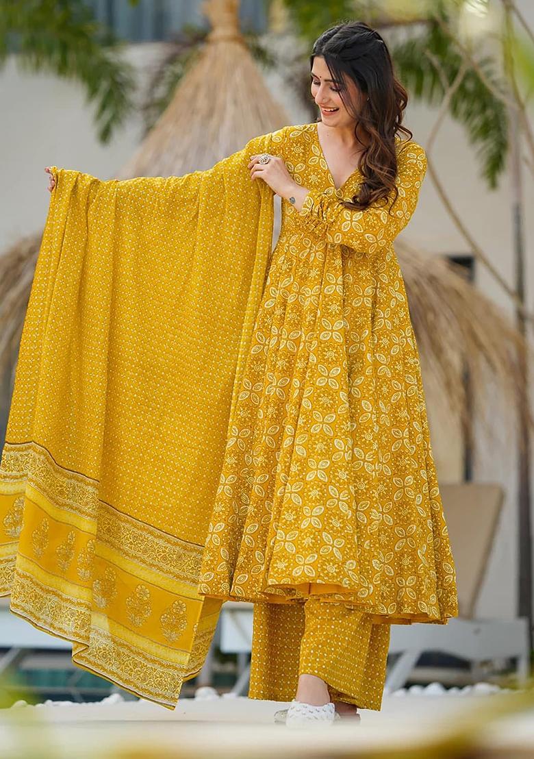 Yellow Digital Printed Maslin Anarkali Dress
