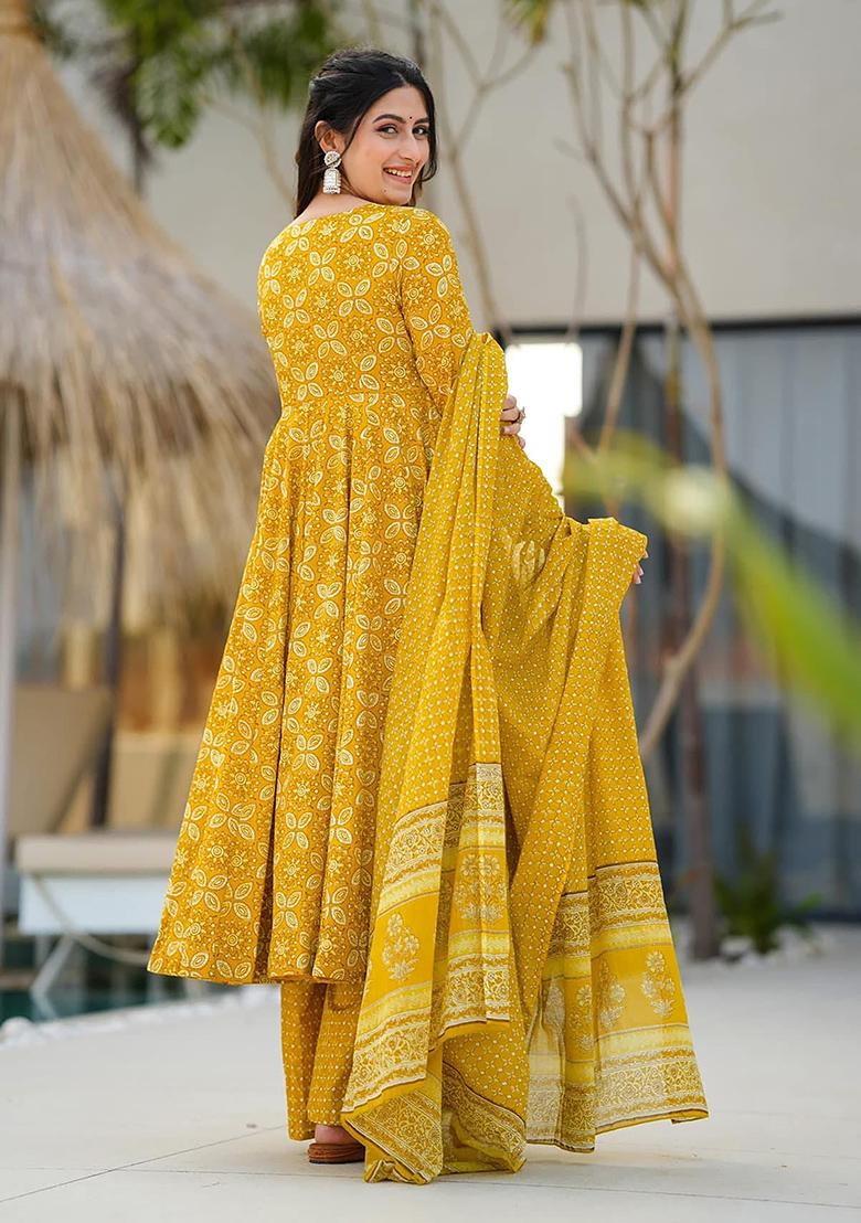 Yellow Digital Printed Maslin Anarkali Dress