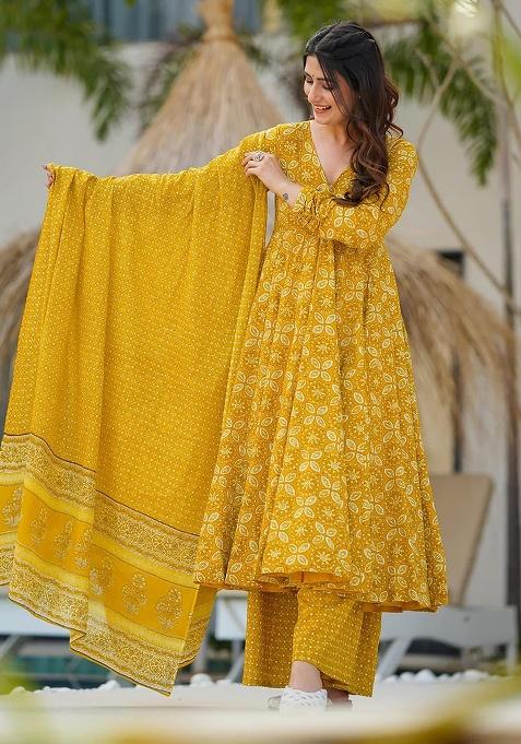 Yellow Digital Printed Maslin Anarkali Dress