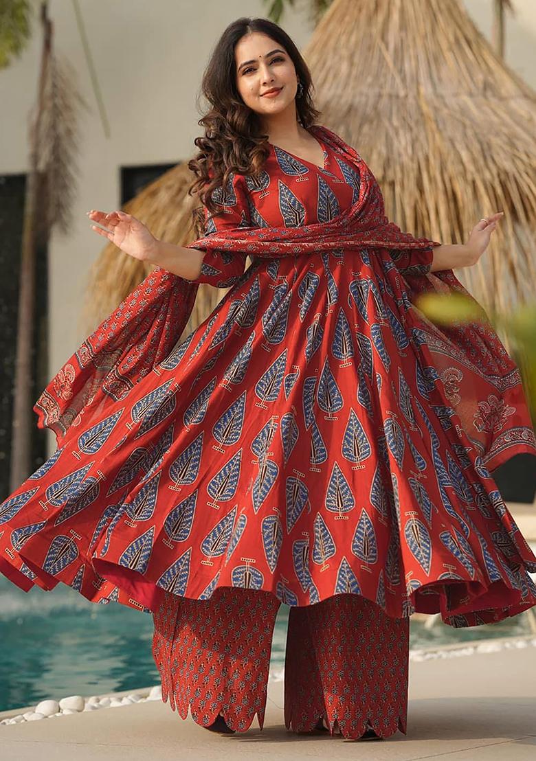 Maroon Digital Printed Maslin Anarkali Dress